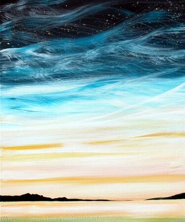 sunset with gold stars print on greeting card