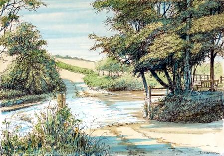 Neen Savage ford Near Cleobury Mortimer Shropshire as a signed a4 print on watercolour paper, unmounted.