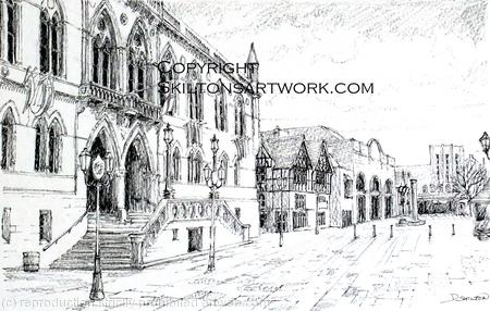Chester Town hall pencil drawing as a blank card, for you to print or write, invitation or thank you etc. prints and postcards available.