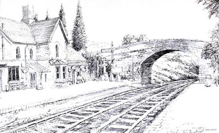 Arley Station S.V.R. black & White Drawing on greeting card or notelet, postcards available on request.