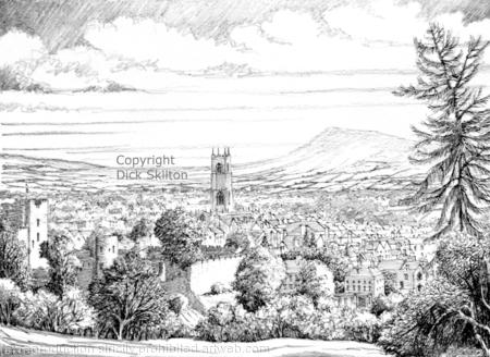 Ludlow and Clee Hill from Whitcliffe black and white greeting card or bespoke notelet. Prints and postcards available.