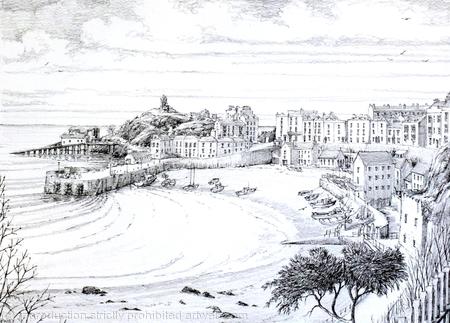 Tenby, The Harbour and beach. Printed on a 6 by 4 greeting card . Signed, mounted prints available