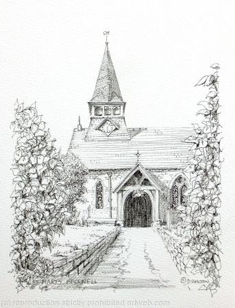 Bucknell St Mary's Shropshire Black & White drawing as a greeting card  bespoke notelet or invitation or thank you card. prints and postcards available.