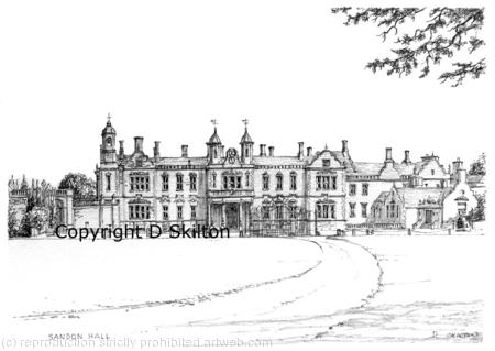 Sandon hall Staffordshire pencil and pen drawing as a signed print on A4 watercolour paper . Unmounted.