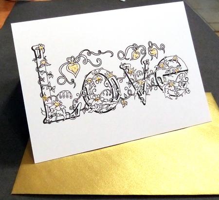 Love name card with my flower alpabet and gold envelope