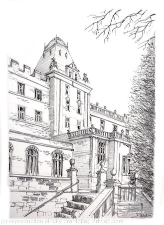Matlock county hall pencil pen drawing as a signed  print on a4 watercolour paper. Unmounted.