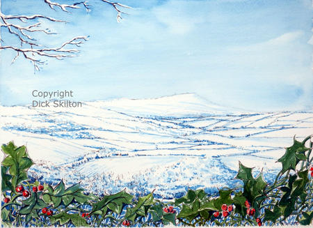 Clee Hill snow and holly printed as a greeting card or Christmas card with your family name or anything you wish.