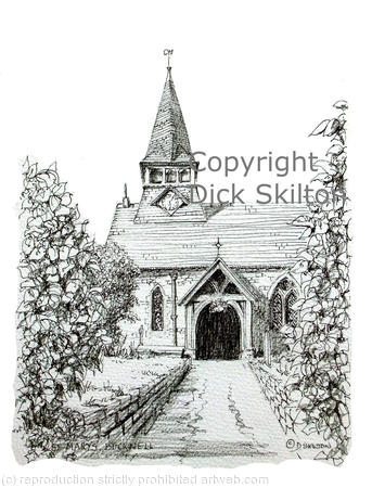 Bucknell Church St. Marys pen drawing  Unmounted A4 signed print .