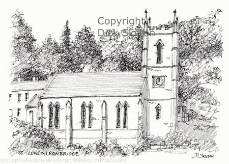 Ironbridge St. Luke pen drawing as a single greeting card, notelet thank-you card or invitations