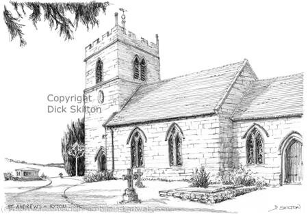 Ryton St Andrews pen drawing horizontal as a greeting card. Prints and postcards available.