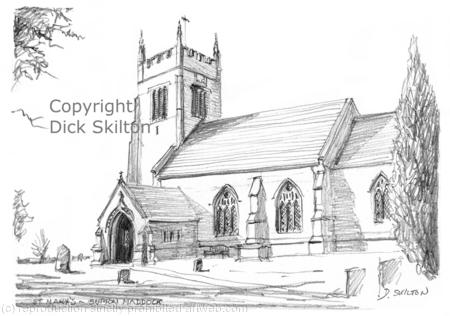 Sutton Maddoc Church pencil drawing as a greeting card, notelet invitation or thank you card. Postcards available.