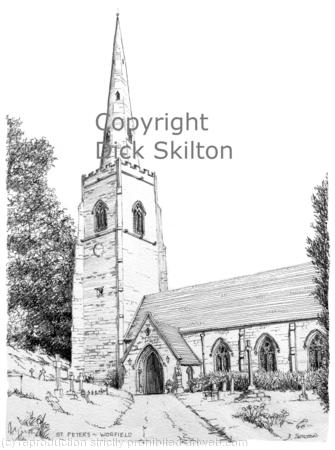 Worfield  St Peter's pen drawing as a greeting card, notelet invitation or thank-you card. Digital prints and postcards available.