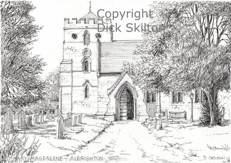 Albrighton Church St Mary Magdalene pen drawing as a greeting card, notelet or invitation or thank-you card. Prints, originals and postcards available.