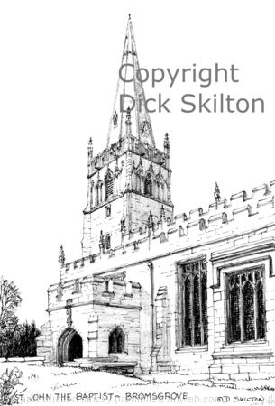 Bromsgrove Church St John The baptist, pen drawing, as a greeting card or bespoke notelet. Postcards and prints available.