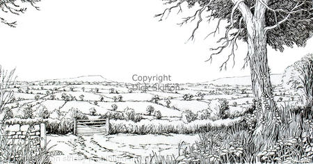 Clee Hill and Brown clee on the road to Ditton Priors pen drawing as a greeting card or notelet. Prints and postcards available.