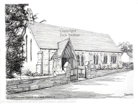 Coldstream church St Mary & all souls pen drawing as a greeting card