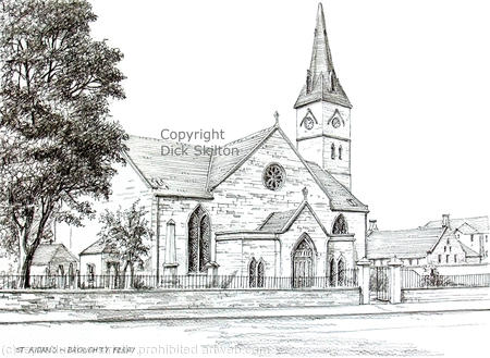 Broughty Ferry St Aiden's Scotland pen drawing  Signed a4 print on watercolour paper, unmounted.