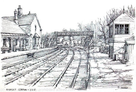 Highley Station with footbridge and museum pen drawing 