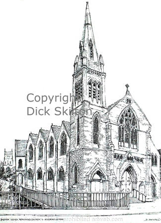 baxter Church Kidderminster  pen drawing as a greeting card, bespoke notelet or invitation. Prints and postcards available.
