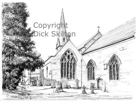Mickleton church  Gloucestershire St Lawrence pen drawing as a notelet or greeting card. Prints available