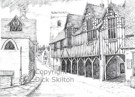 Much Wenlock Market Hall and Church pen drawing as a 6 by 4 inch greeting card