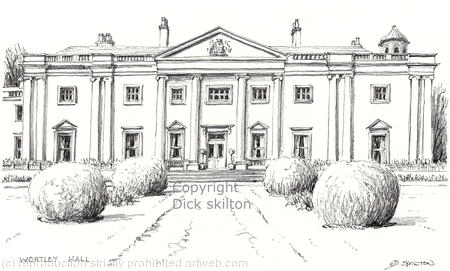 Wortley Hall Barnsley pen drawing as a signed  print on a4 watercolour paper. Unmounted.