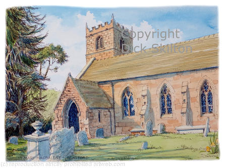 Quatford st mary Magdalene as a greeting card as a signed laser print in a 7 by 9 inch mount. Cards available.