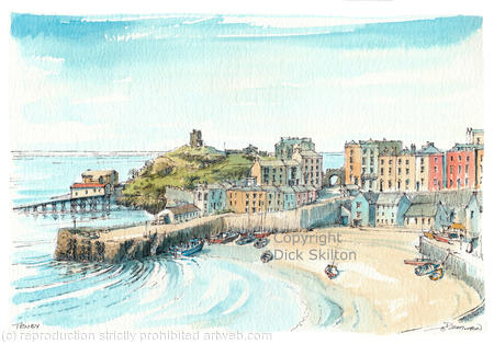 Tenby North beach and harbour as a signed laser print mounted in a 7 by 9 inch mount.
