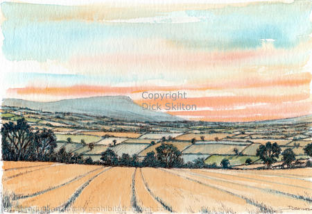 Clee hill at sunset with fields as a signed print on A4 size watercolour paper