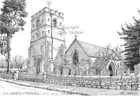Trysull church staffordshire b & w pen drawing  as a greeting card