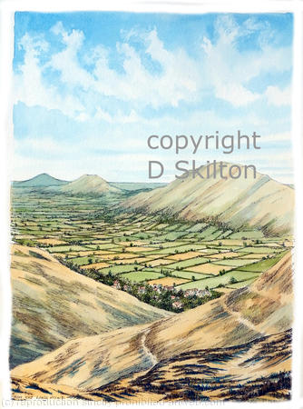 Church Stretton hills, Caer Caradog and the Wrekin from the Long Mynde ( vertical) as a signed print on a4 watercolour paper unmounted