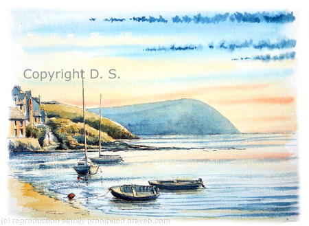 Parrog sunset with Dinas Head as a signed print mounted in 9 by 7 inch mount. Cards available