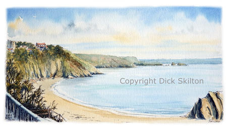 Tenby North beach watercolour, looking away from the harbour greeting card. Prints available.