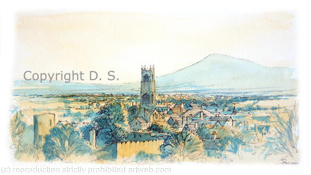 Ludlow church and Clee Hill blue and yellow as a signed print on A4 paper.  Unmounted.