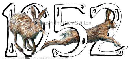 1952 with hares greeting or birthday card . I can print a short message below the image.