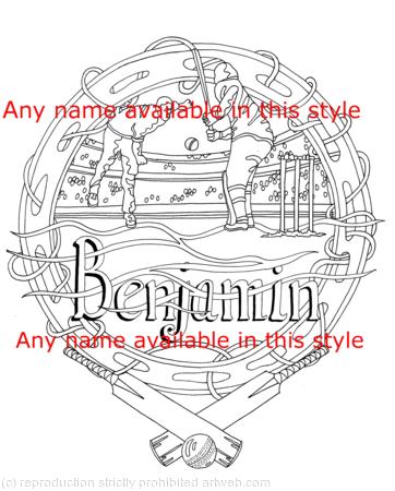  cricket design for a colouring card with a name ( Benjamin) any name can produced for you. colour and send or send to be coloured.