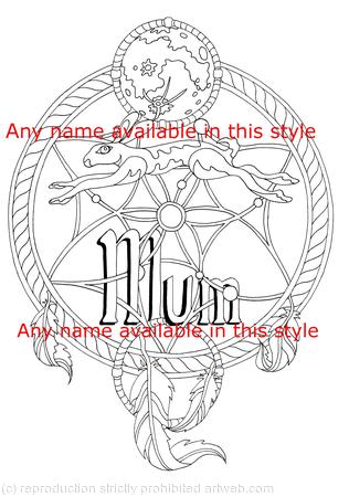 Dream catcher moon and hare colouring card. Any personal name or general name ( like Mum) available. Colour and send or send to be coloured.