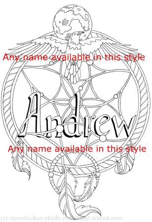 Dream catcher raven and moon. Any name available woven into the design as a colouring card. Colour to send or send to be coloured.
