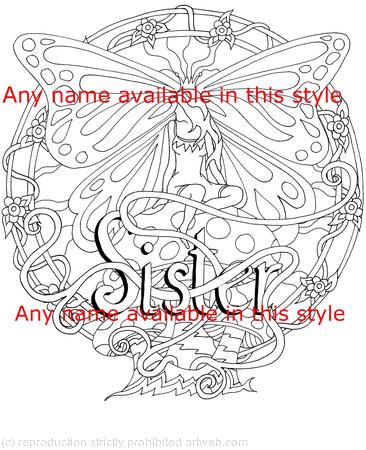Fairy on a mushroom colouring card example with Sister but any name is available woven into the design so you can colour and send or send to be coloured
