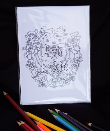 Wedding colouring card example ( pencils not included) any two names available, ideal wedding table gift for guests and children.