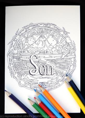 Volcano design colouring card with SON example, any name or number available. Colour and send or send to be coloured.