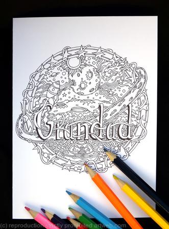 Space planet colouring card with 'Grandad 'example. any name or number available. Colour to send or send to be coloured.