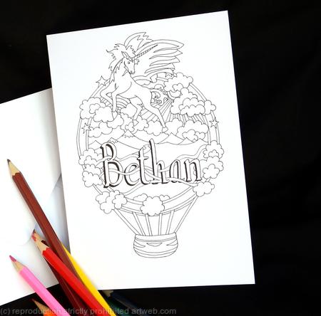 Unicorn and balloon colouring in card with Bethan woven into the design. Any name can be woven in like this for you. Colour to send or send to be coloured