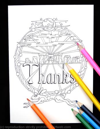 Stonehenge hare and moon Colouring in card ( THANKS as an example, any words can be woven into this design for you). Colour to send or send to be coloured.