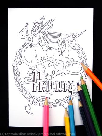 Fairy and unicorn colouring in card with NANNY woven into the design. Any name can be woven into the design in this way. Colour to send or send to be coloured.