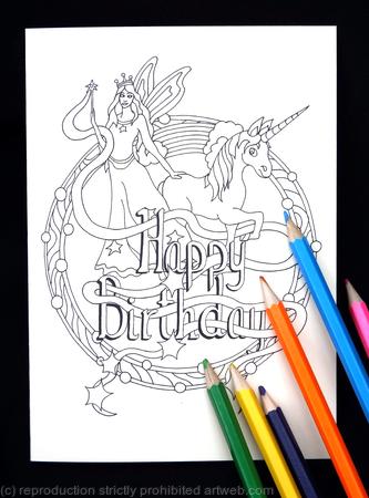 Fairy and unicorn colouring in card with HAPPY BIRTHDAY woven into the design. Any name can be woven into the design in this way. Colour to send or send to be coloured.