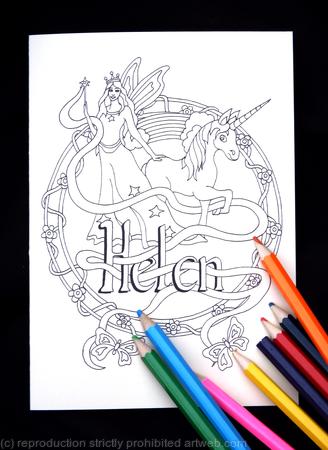 Fairy and unicorn butterflies (with HELEN as an example name). Any name can be woven into this design for you on this unique card.