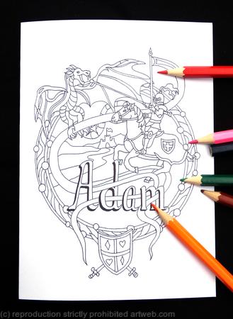 Dragon knight on horseback colouring in card (with ADAM as an example name), any name can be woven into this unique design for you.