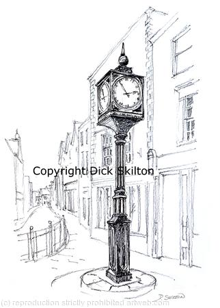 Whitchurch town clock print of a pen drawing by Dick Skilton, on 6 by 4 inch white greeting card with envelope. postcards and prints available.