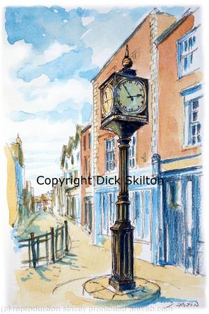 Whitchurch Town clock watercolour on 6 by 4 inch white greeting card with envelope in cello bag. Prints and postcards available.